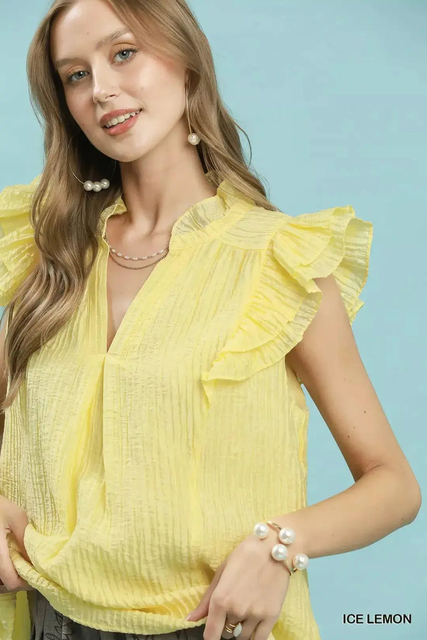 Umgee Textured Ruffle Sleeve Split V Neck Top  Style Ratio
