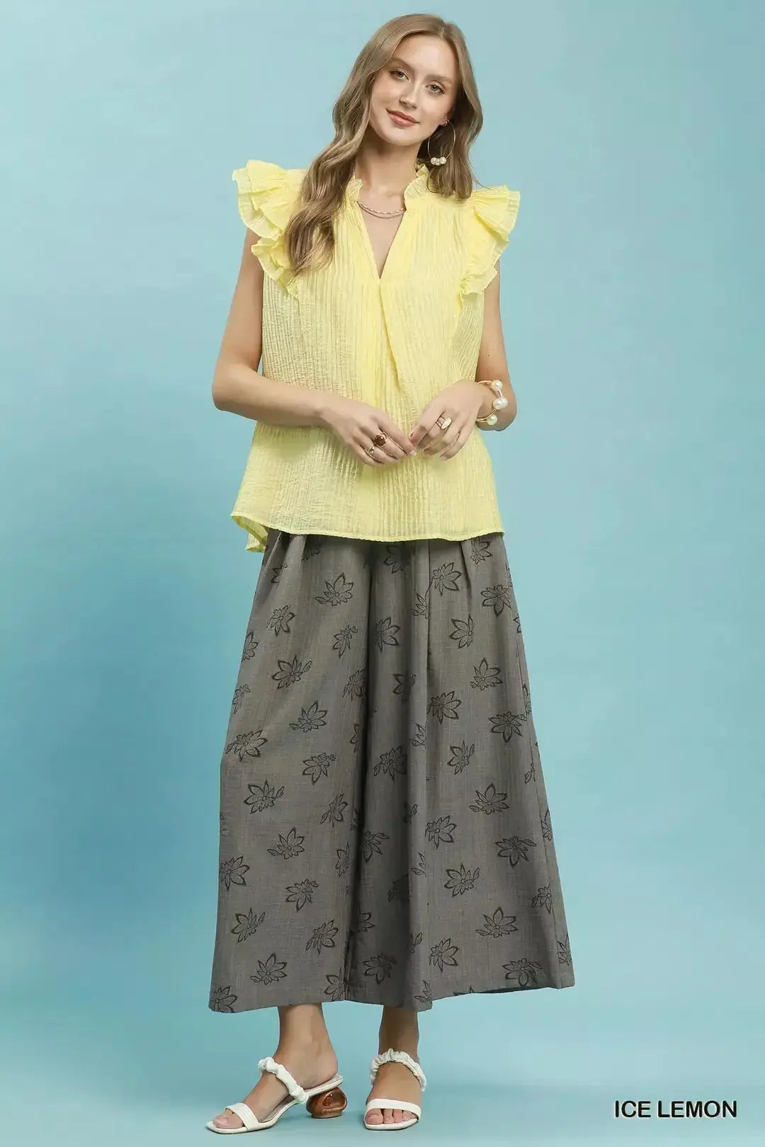 Umgee Textured Ruffle Sleeve Split V Neck Top  Style Ratio