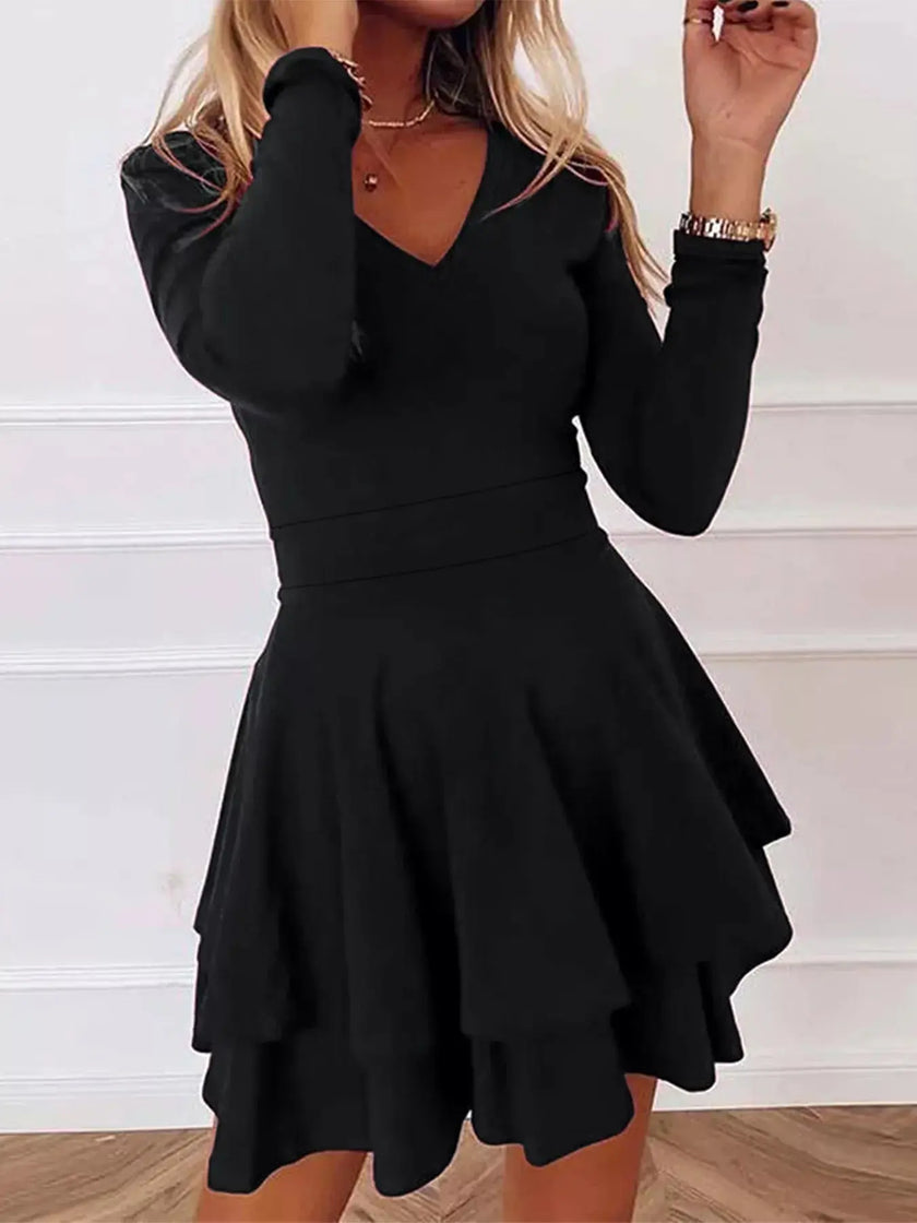 V-Neck Long Sleeve Layered Ruffle Mini Dress  Style Ratio