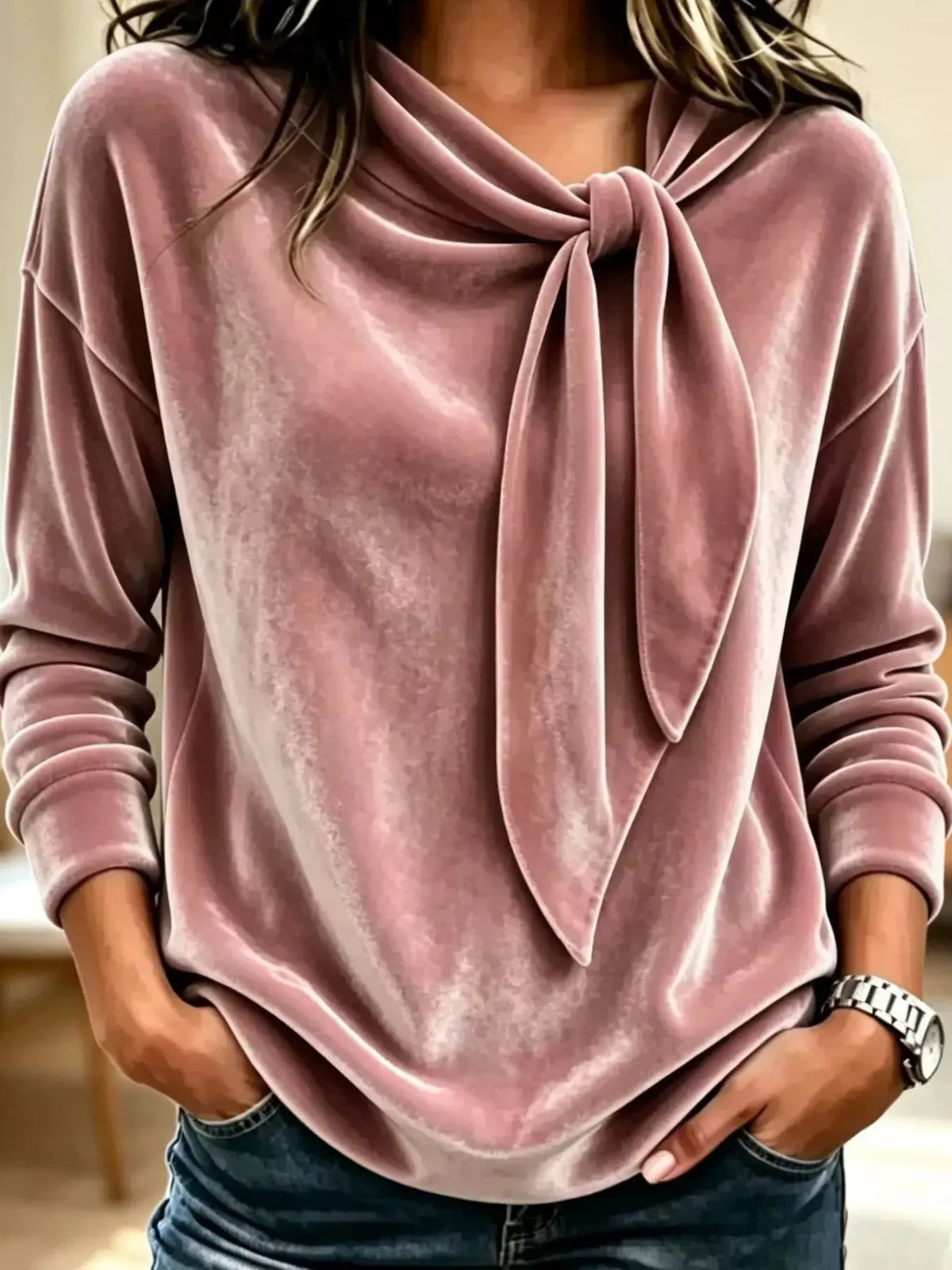 Velvet Tie Front Long Sleeve Sweatshirt  Style Ratio