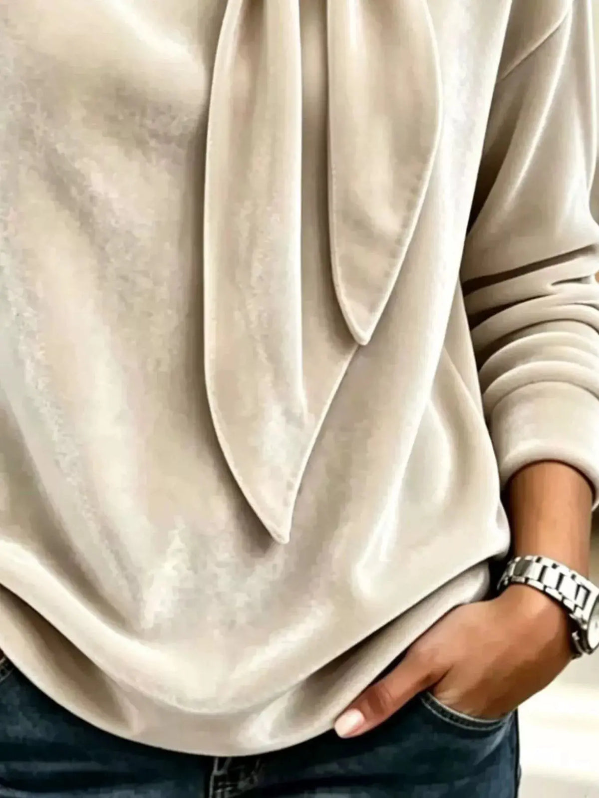 Velvet Tie Front Long Sleeve Sweatshirt  Style Ratio