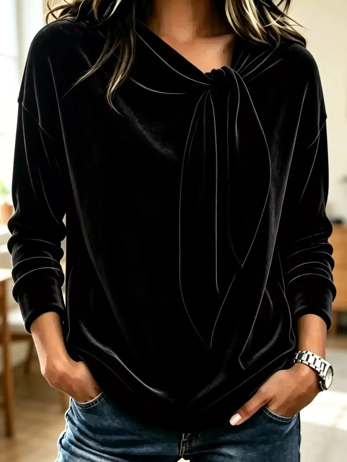 Velvet Tie Front Long Sleeve Sweatshirt  Style Ratio