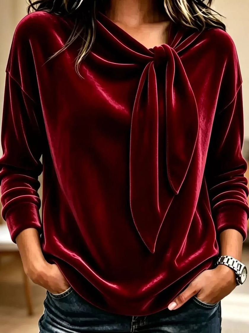 Velvet Tie Front Long Sleeve Sweatshirt  Style Ratio