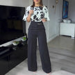 Vintage Style Black Satin Floral Trumpet Sleeve Top Set High Waist Casual Work Trousers  Style Ratio