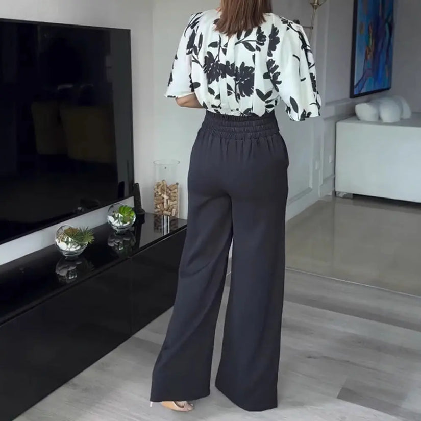 Vintage Style Black Satin Floral Trumpet Sleeve Top Set High Waist Casual Work Trousers  Style Ratio