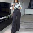 Vintage Style Black Satin Floral Trumpet Sleeve Top Set High Waist Casual Work Trousers  Style Ratio
