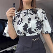 Vintage Style Black Satin Floral Trumpet Sleeve Top Set High Waist Casual Work Trousers  Style Ratio