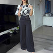 Vintage Style Black Satin Floral Trumpet Sleeve Top Set High Waist Casual Work Trousers  Style Ratio