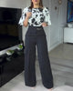 Vintage Style Black Satin Floral Trumpet Sleeve Top Set High Waist Casual Work Trousers  Style Ratio