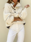 Waffle-Knit Half Button Long Sleeve Sweater  Style Ratio