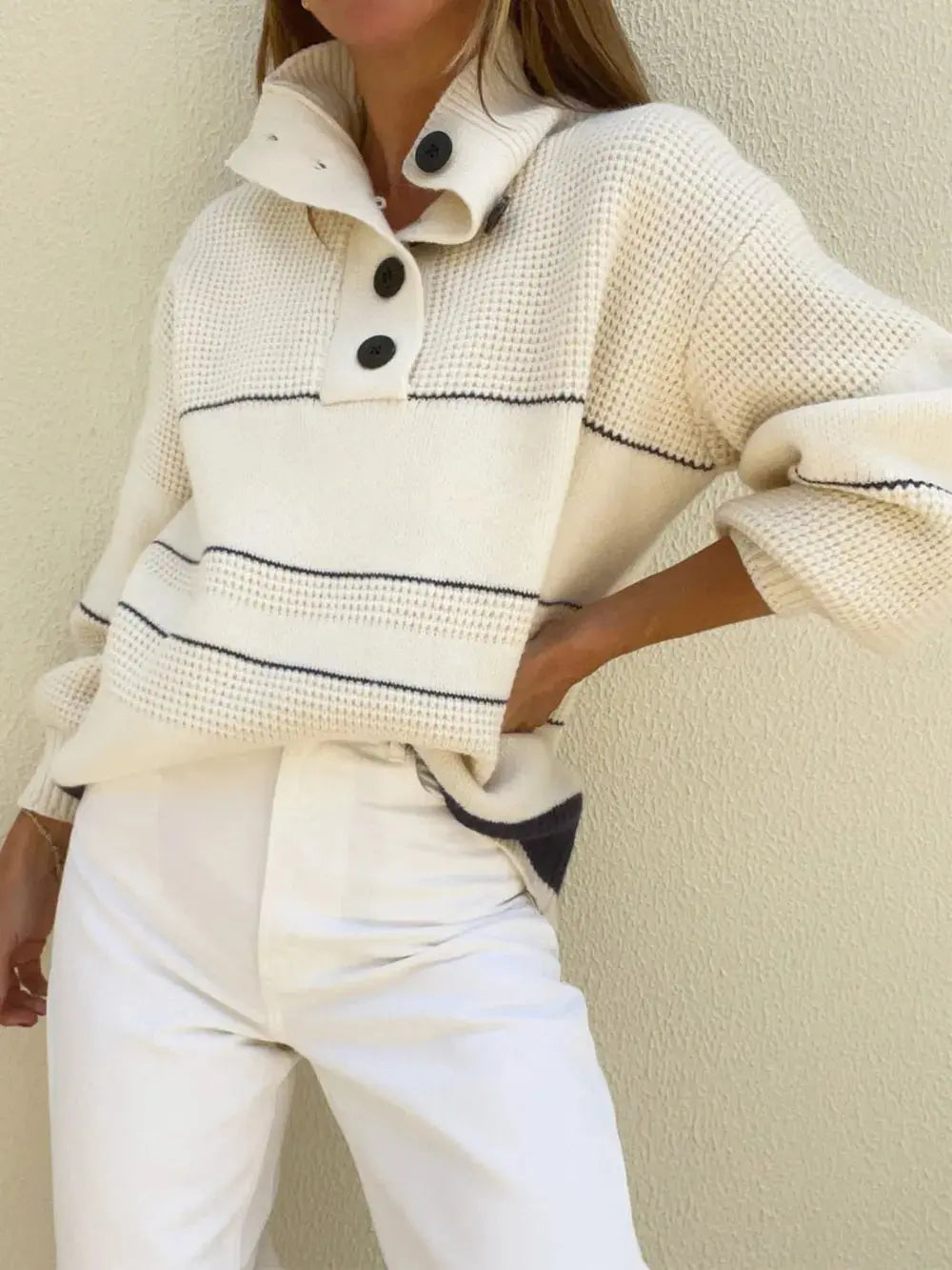 Waffle-Knit Half Button Long Sleeve Sweater  Style Ratio
