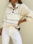 Waffle-Knit Half Button Long Sleeve Sweater  Style Ratio