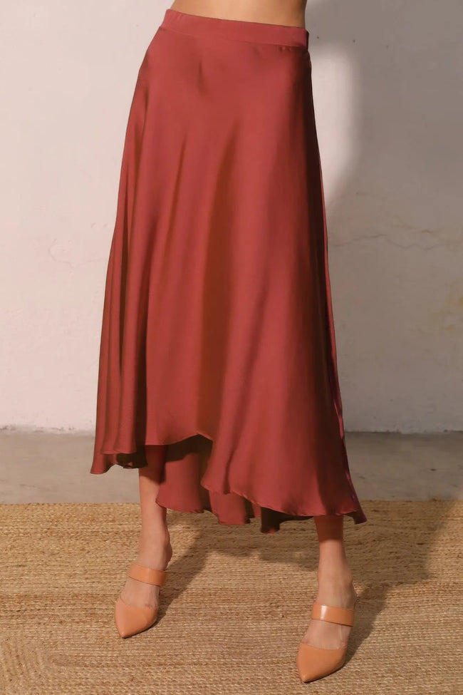 Washed Poly Silk Midi Swing Skirt  Style Ratio