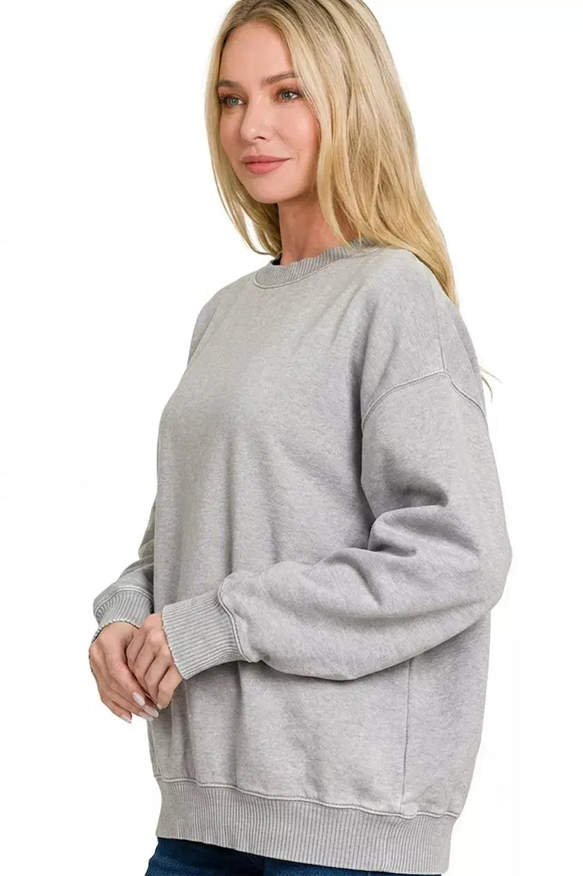 Zenana Fleece Acid Enzyme Washed Round Neck Sweatshirts  Style Ratio