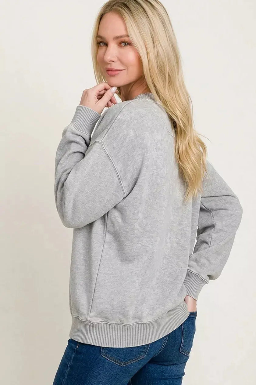 Zenana Fleece Acid Enzyme Washed Round Neck Sweatshirts  Style Ratio