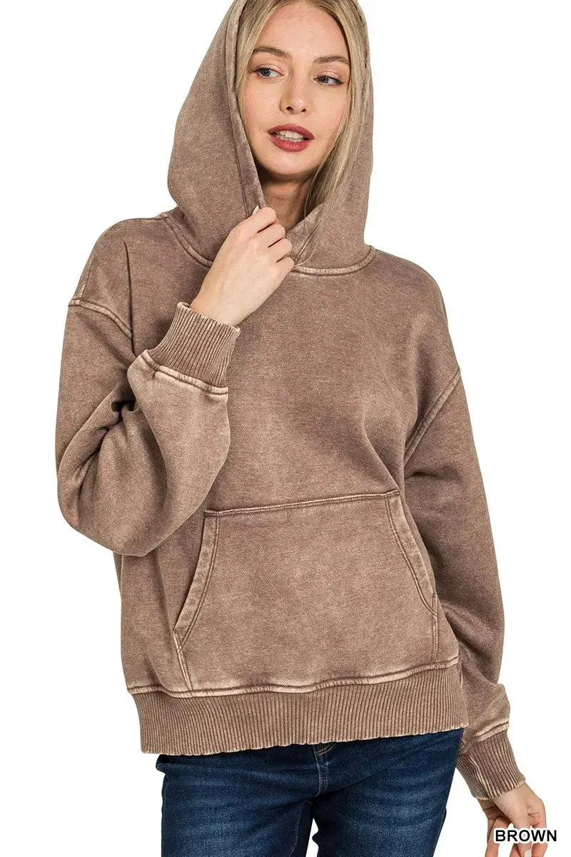 Zenana Fleece Acid Wash Kangaroo Pocket Hoodie  Style Ratio