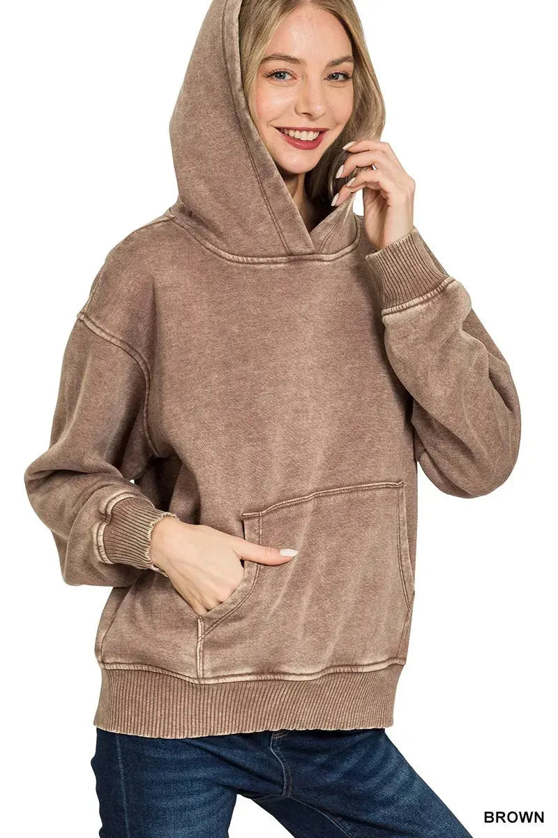 Zenana Fleece Acid Wash Kangaroo Pocket Hoodie  Style Ratio