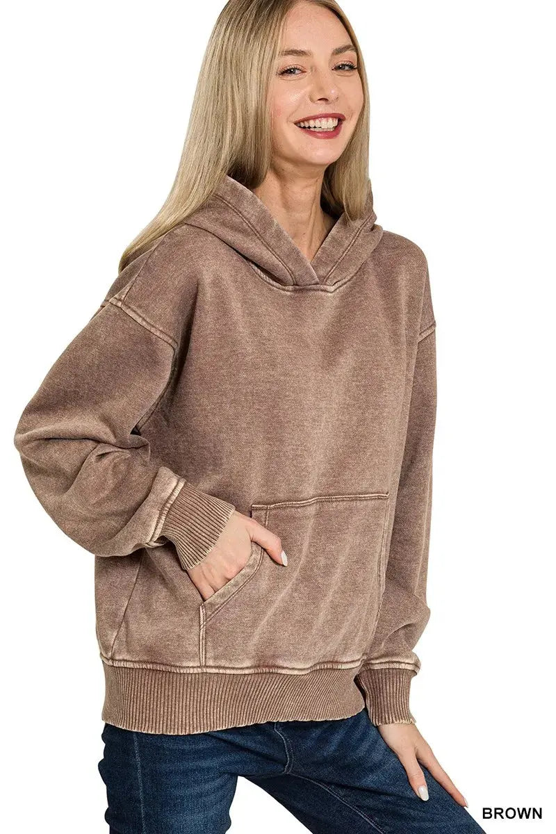 Zenana Fleece Acid Wash Kangaroo Pocket Hoodie  Style Ratio