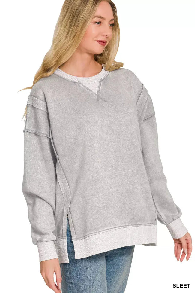Zenana Fleece Acid Washed Contrast Trim Pullover  Style Ratio