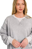Zenana Fleece Acid Washed Contrast Trim Pullover  Style Ratio
