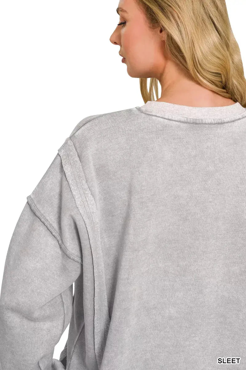 Zenana Fleece Acid Washed Contrast Trim Pullover  Style Ratio