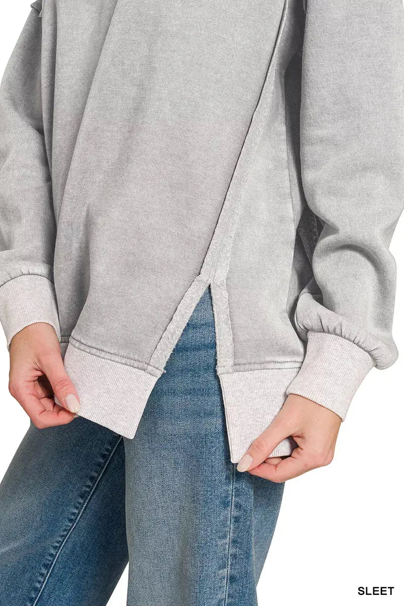 Zenana Fleece Acid Washed Contrast Trim Pullover  Style Ratio