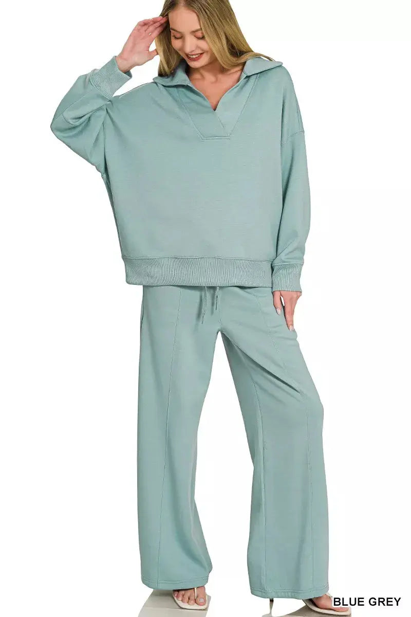 Zenana Scuba Collared Pullover & Center Seam Pants Set  Style Ratio