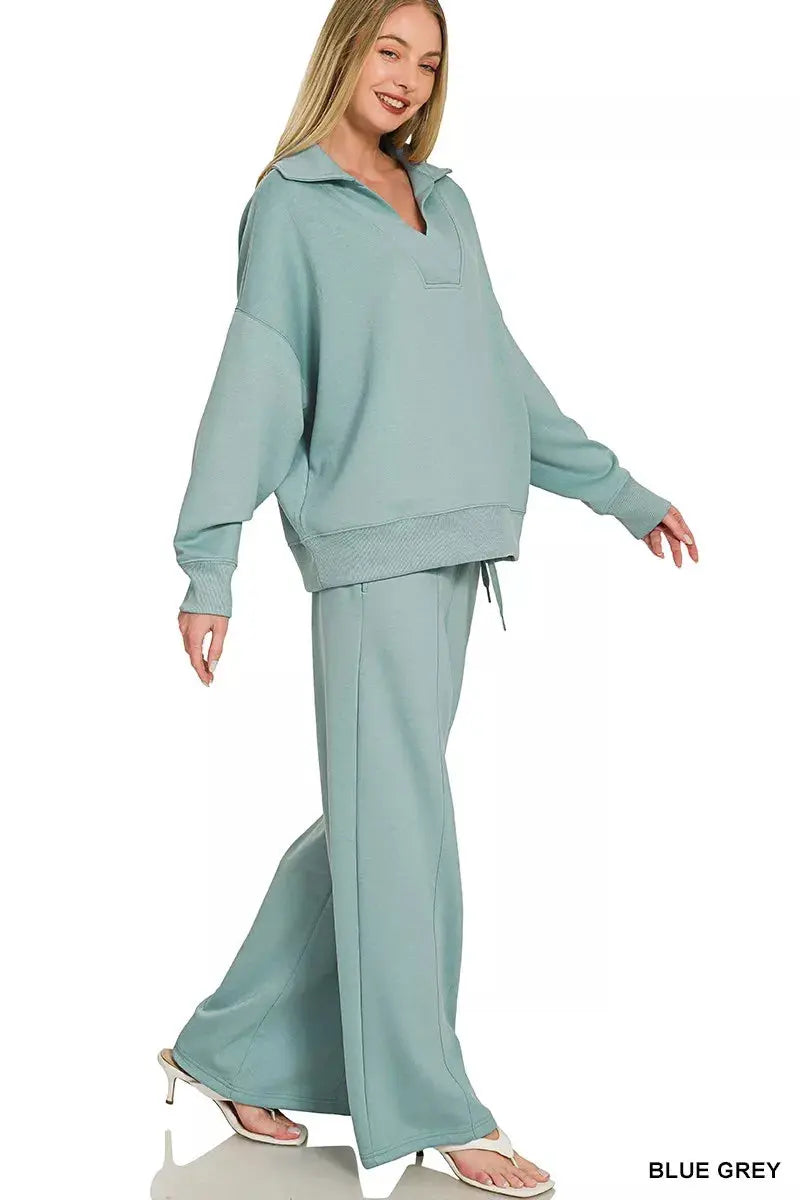 Zenana Scuba Collared Pullover & Center Seam Pants Set  Style Ratio
