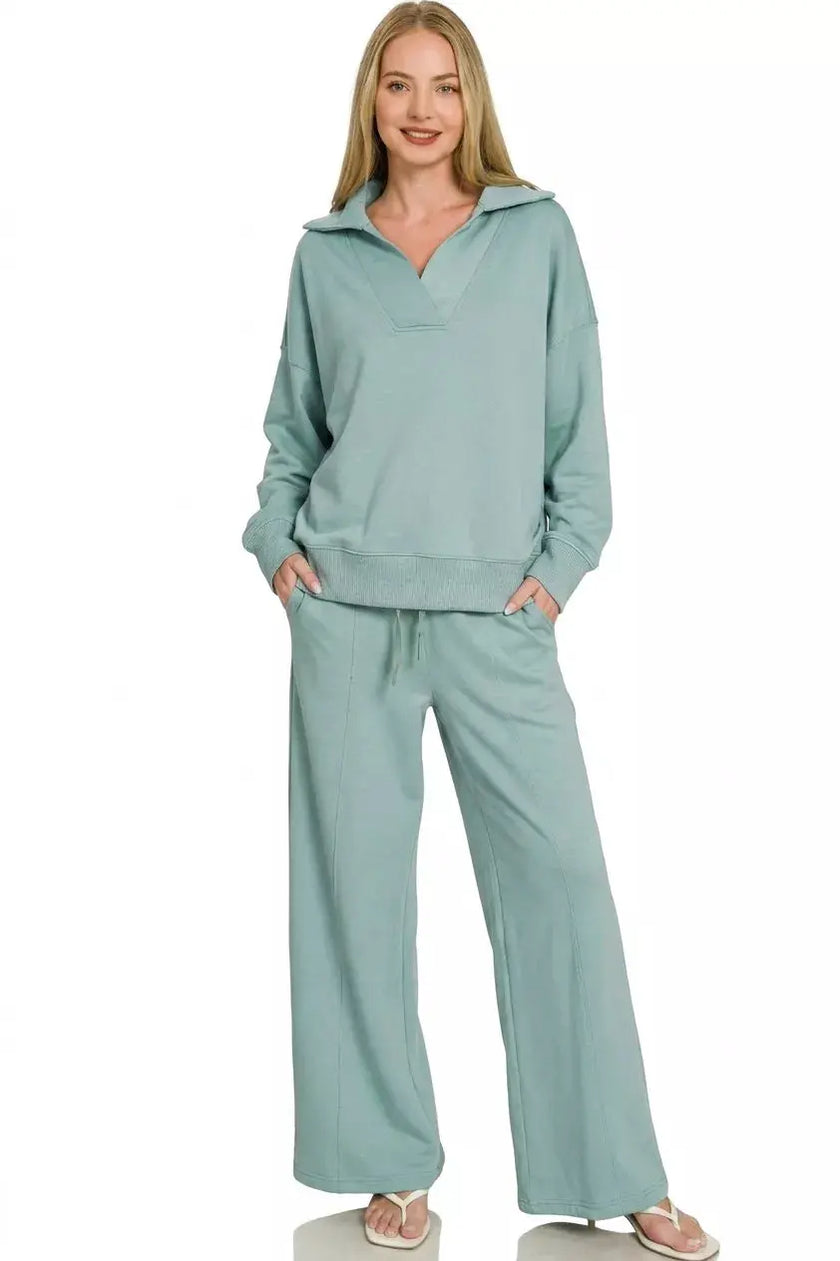Zenana Scuba Collared Pullover & Center Seam Pants Set  Style Ratio