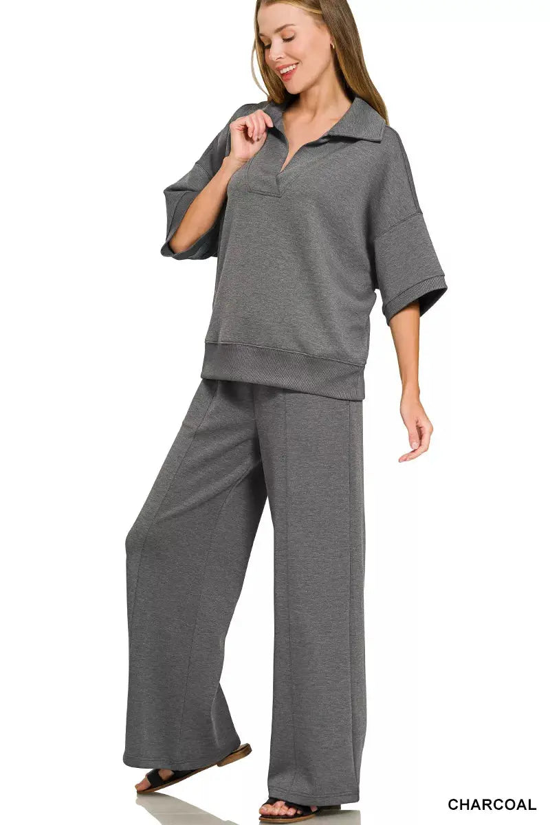 Zenana Scuba Collared Short Sleeve Pullover & Center Seam Pants Set  Style Ratio