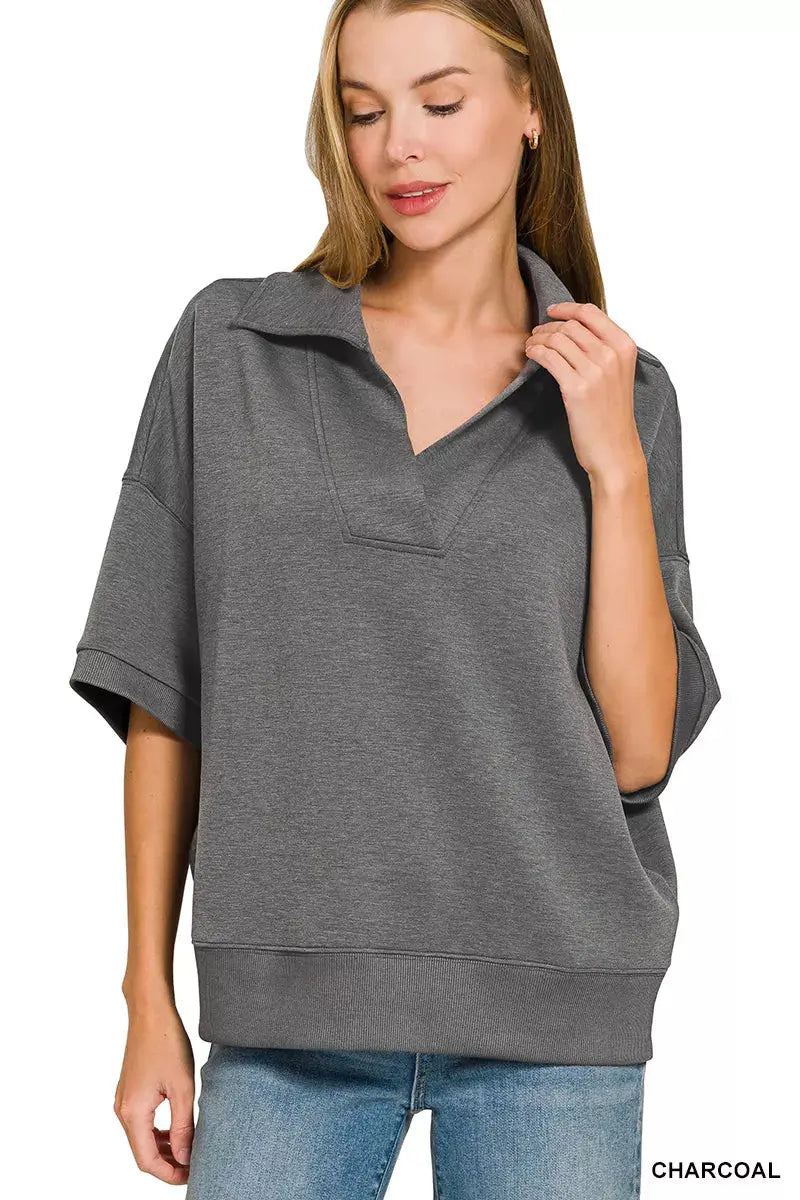 Zenana Scuba Collared Short Sleeve Pullover & Center Seam Pants Set  Style Ratio
