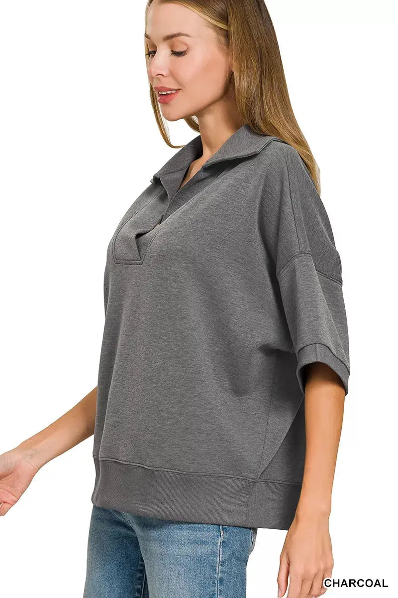 Zenana Scuba Collared Short Sleeve Pullover & Center Seam Pants Set  Style Ratio