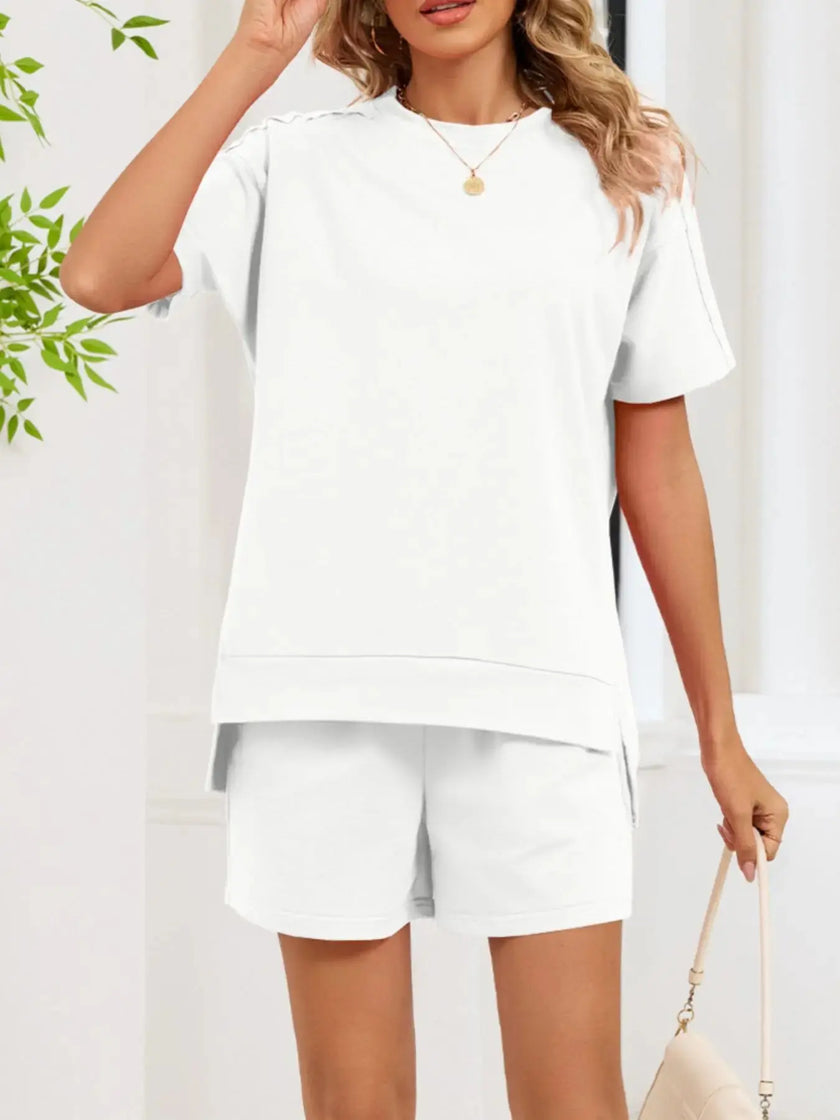 Round Neck Short Sleeve Shirt and Shorts Loungewear  Style Ratio