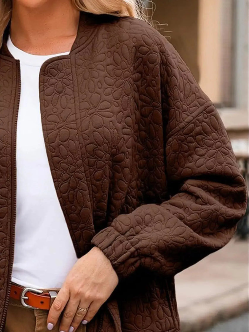 Full Size Floral Quilted Zip Up Jacket  Style Ratio