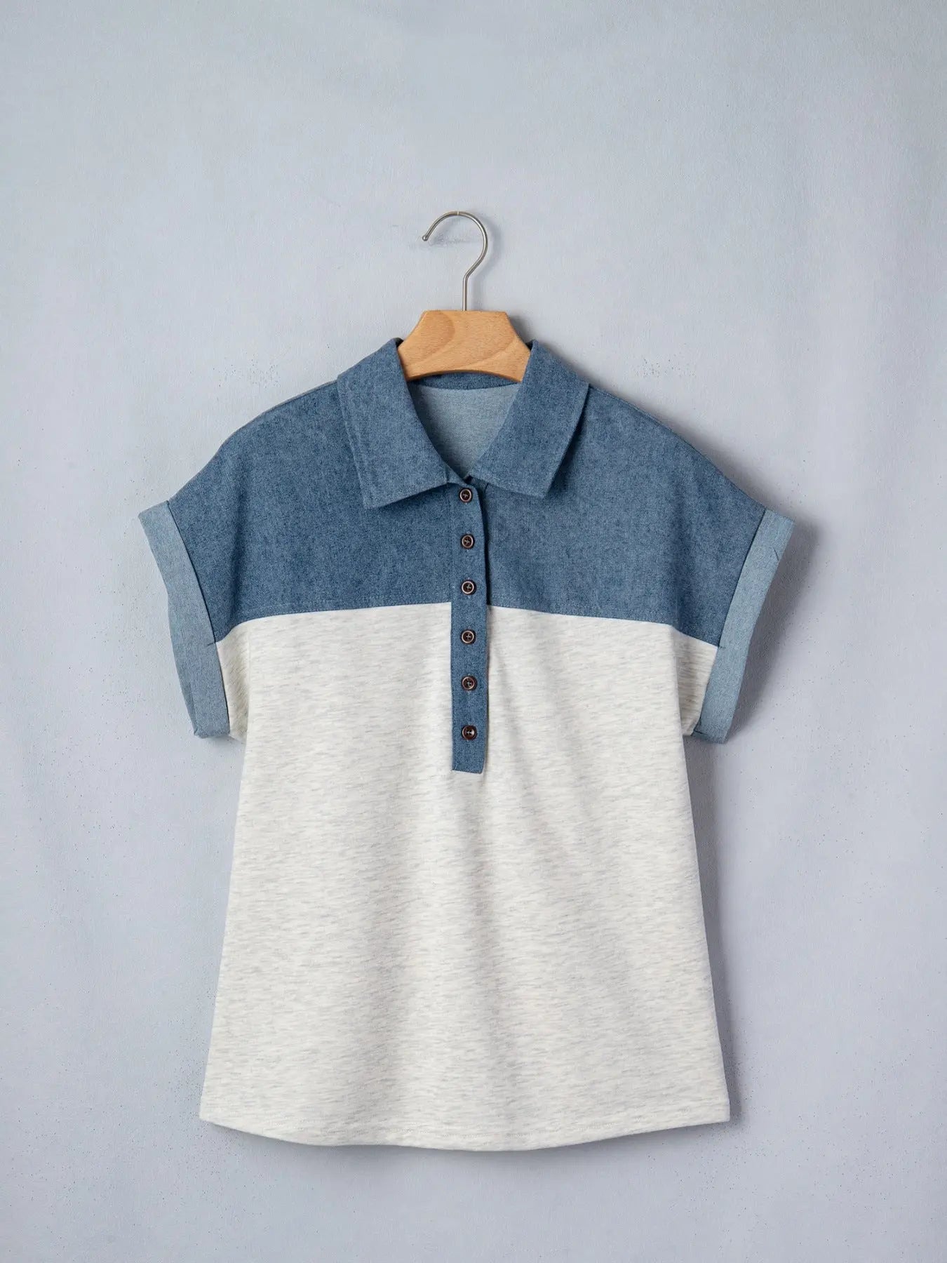 Color Block Denim Patchwork Button Polo Collar Short Sleeve Top  Style Ratio