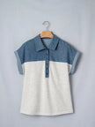 Color Block Denim Patchwork Button Polo Collar Short Sleeve Top  Style Ratio