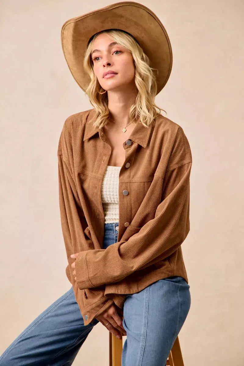BiBi Corduroy Relaxed Fit Long Sleeve Shacket  Style Ratio