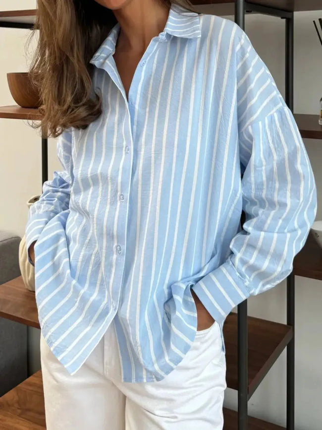 Button Down Striped Collared Neck Long Sleeve Shirt  Style Ratio