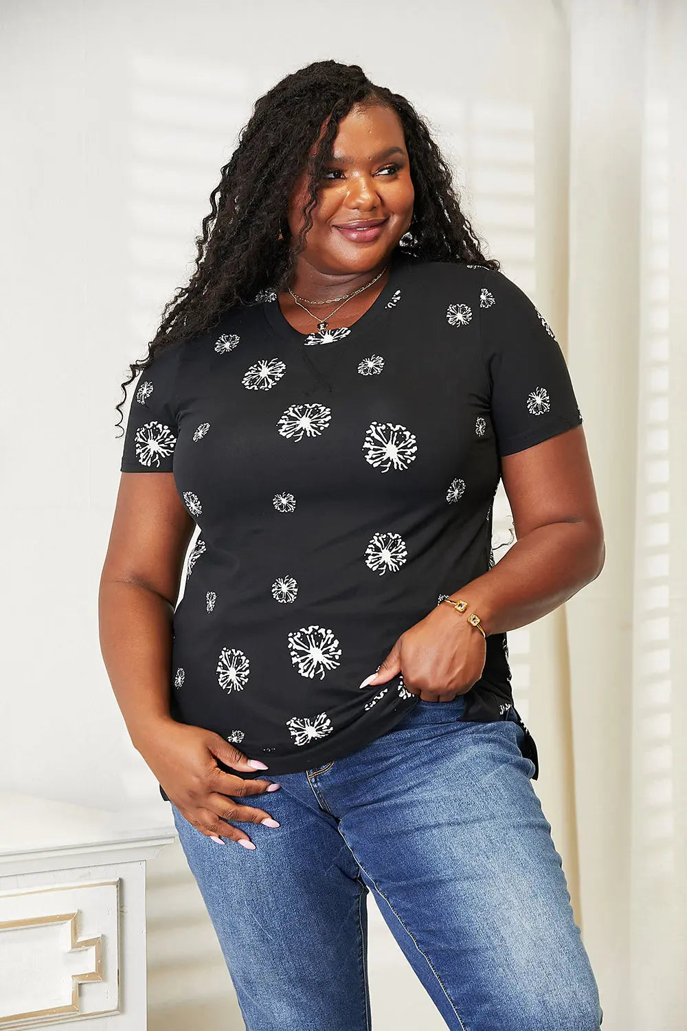 Double Take Dandelion Print Round Neck Shirt  Style Ratio