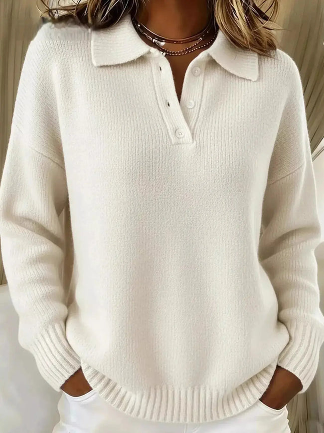Full Size Half Button Collar Drop Shoulder Sweater  Style Ratio