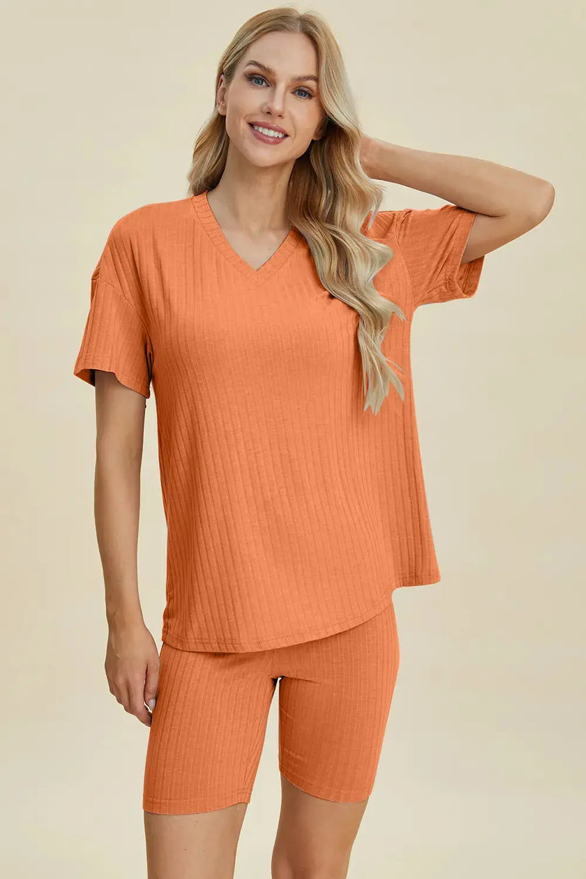 Basic Bae Full Size Ribbed V-Neck Short Sleeve Top and Shorts Loungewear  Style Ratio