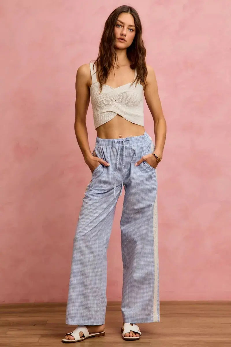 SO ME Wide Check  Pants With Side Lace Trim And Piping  Style Ratio