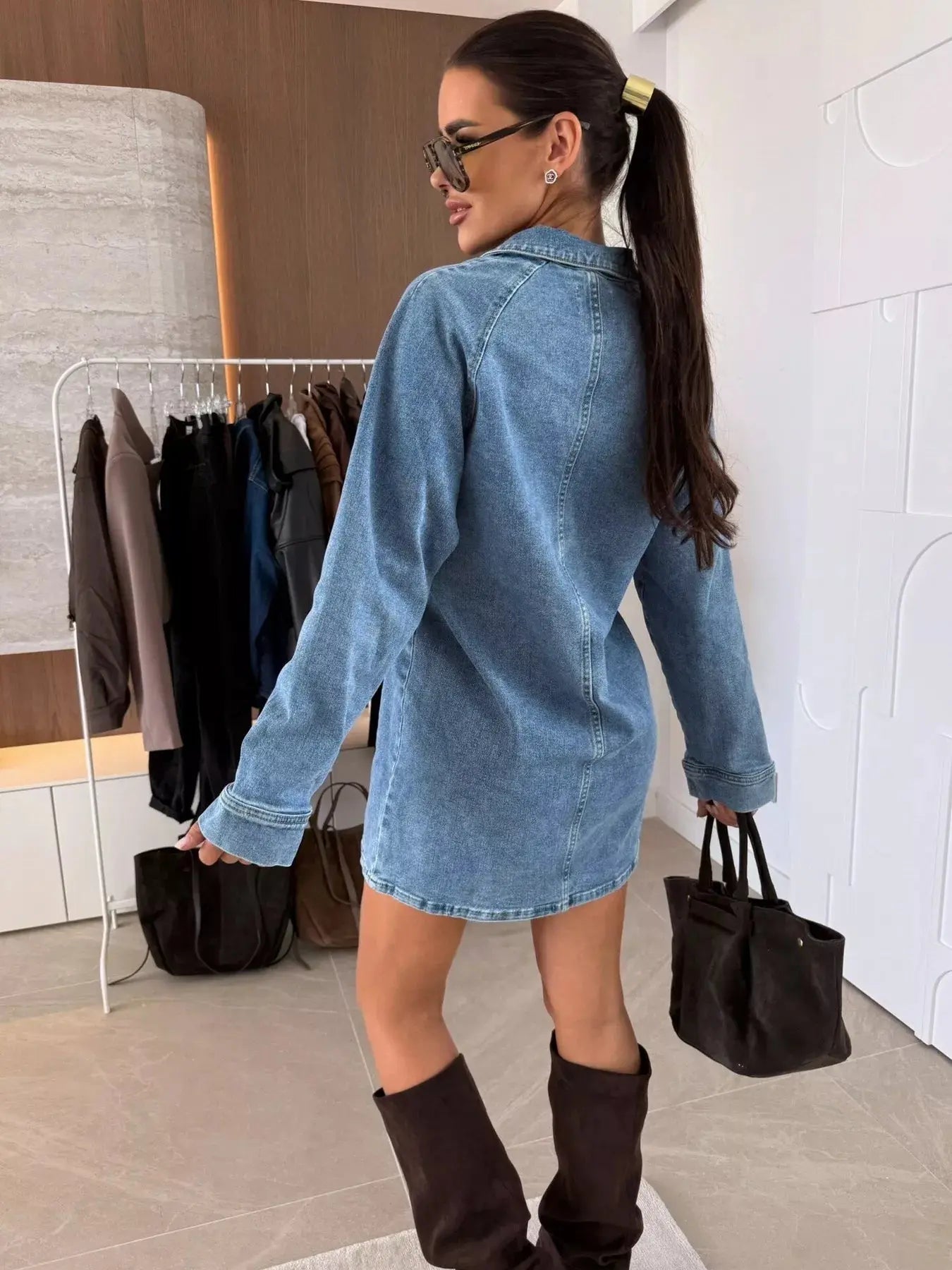 Collared Neck Long Sleeve Denim Dress  Style Ratio