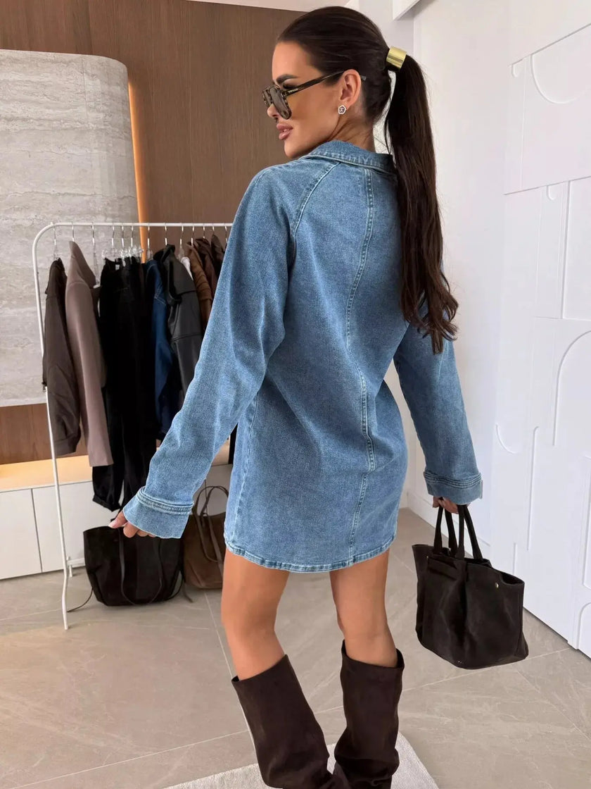 Collared Neck Long Sleeve Denim Dress  Style Ratio