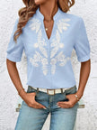 Embroidered Notched Short Sleeve Blouse  Style Ratio