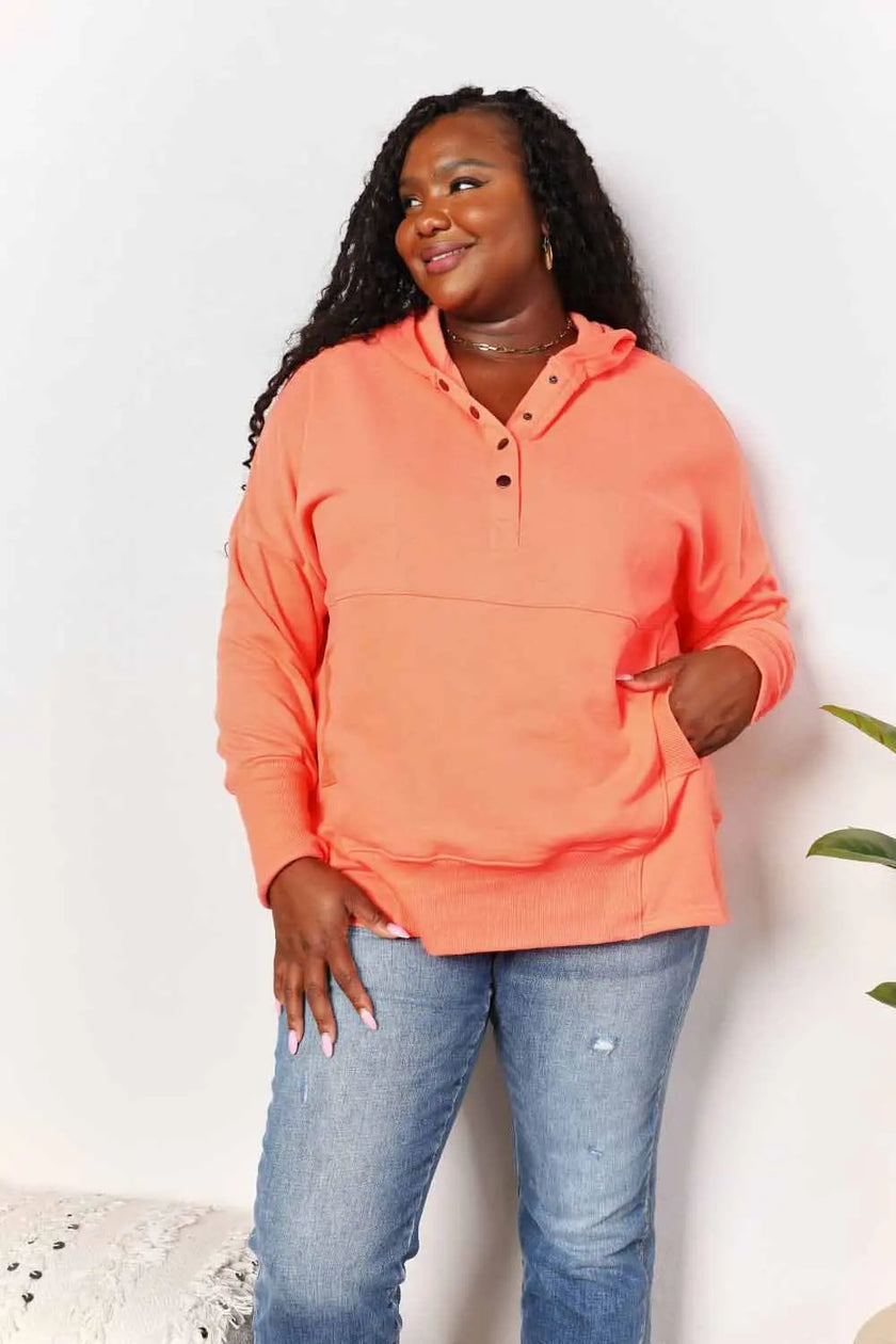 Double Take Quarter-Snap Dropped Shoulder Hoodie  Style Ratio