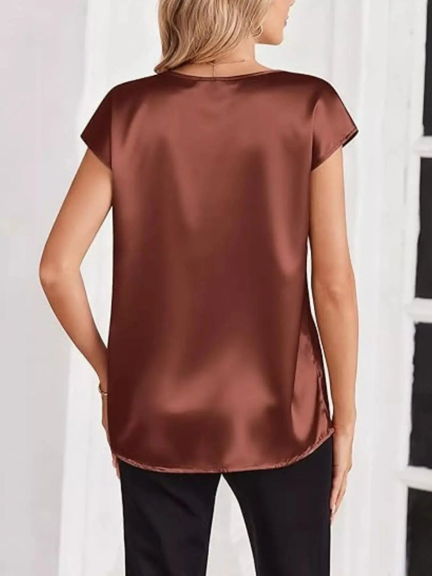 Satin V-Neck Short Sleeve Blouse  Style Ratio