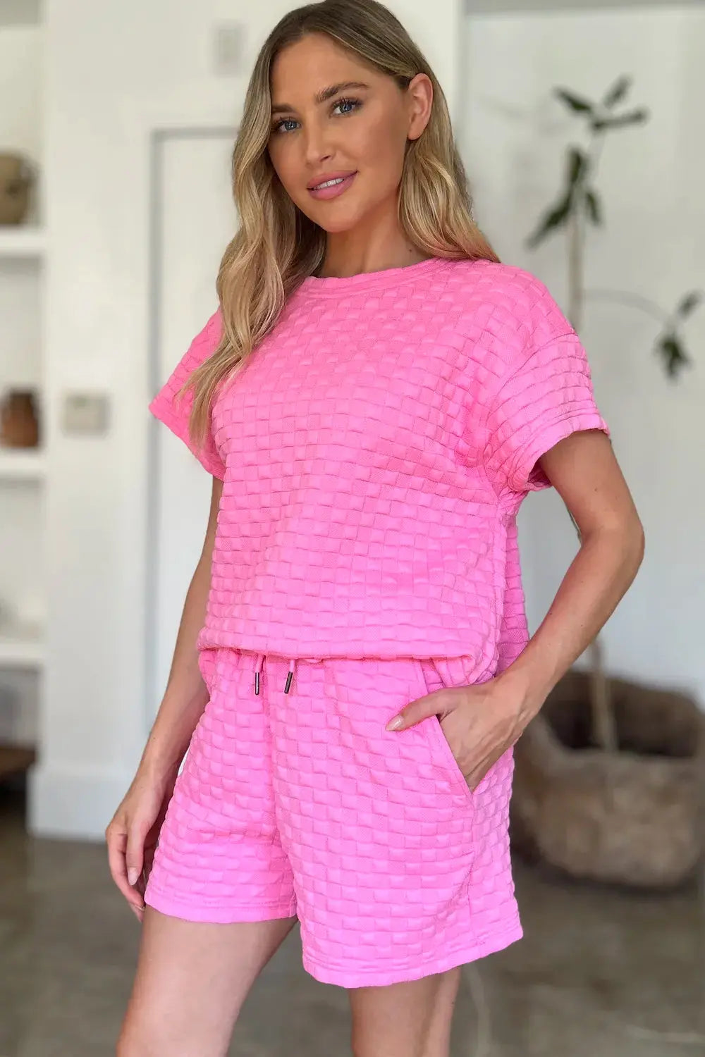 Double Take Full Size Texture T-Shirt and Shorts Set  Style Ratio