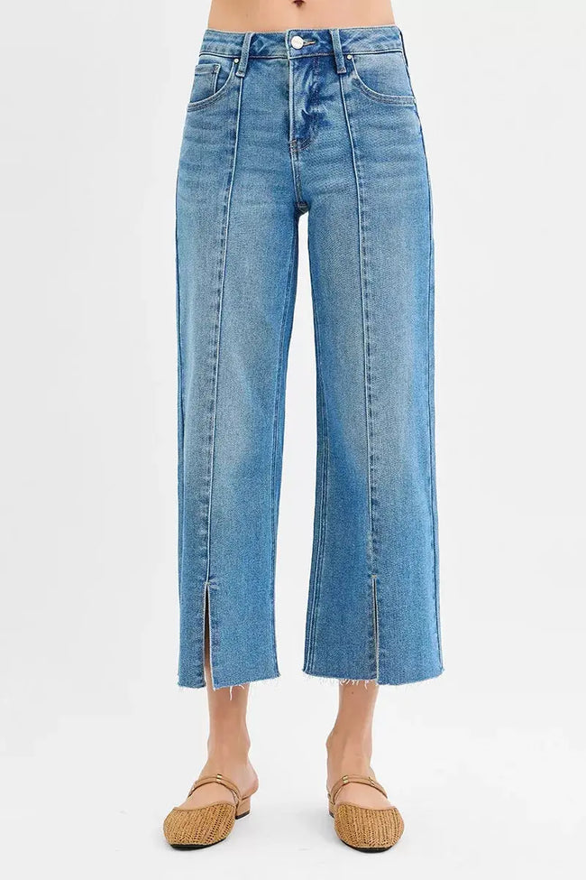 RISEN Tummy Control Mid Rise Crop Wide Front Slit Jeans  Style Ratio