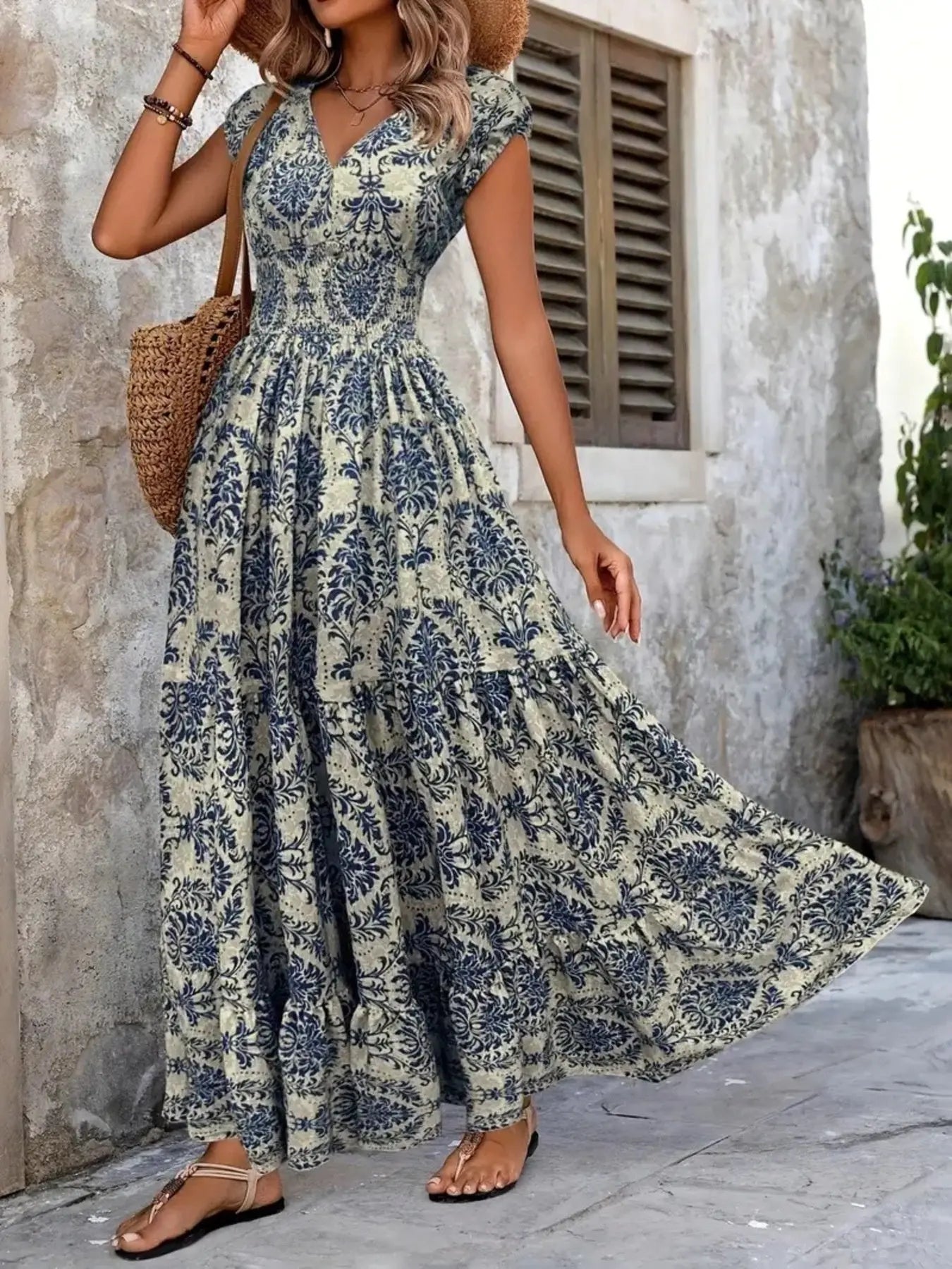Printed Cap Sleeve Maxi Dress  Style Ratio